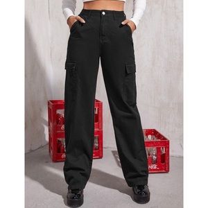 High Waisted Slant Pocket Cargo Jeans